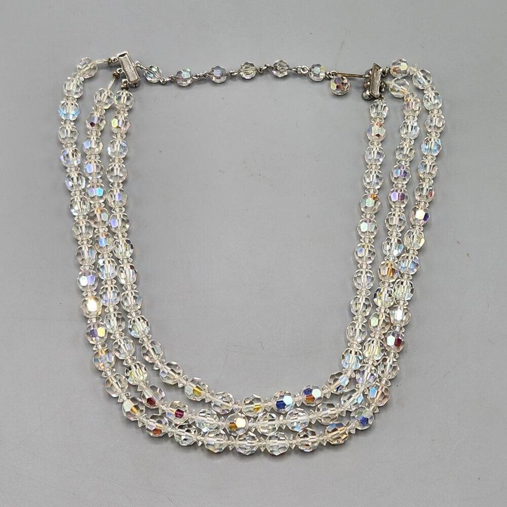 3-Strand Clear Crystal Necklace Aurora Borealis Vintage Costume